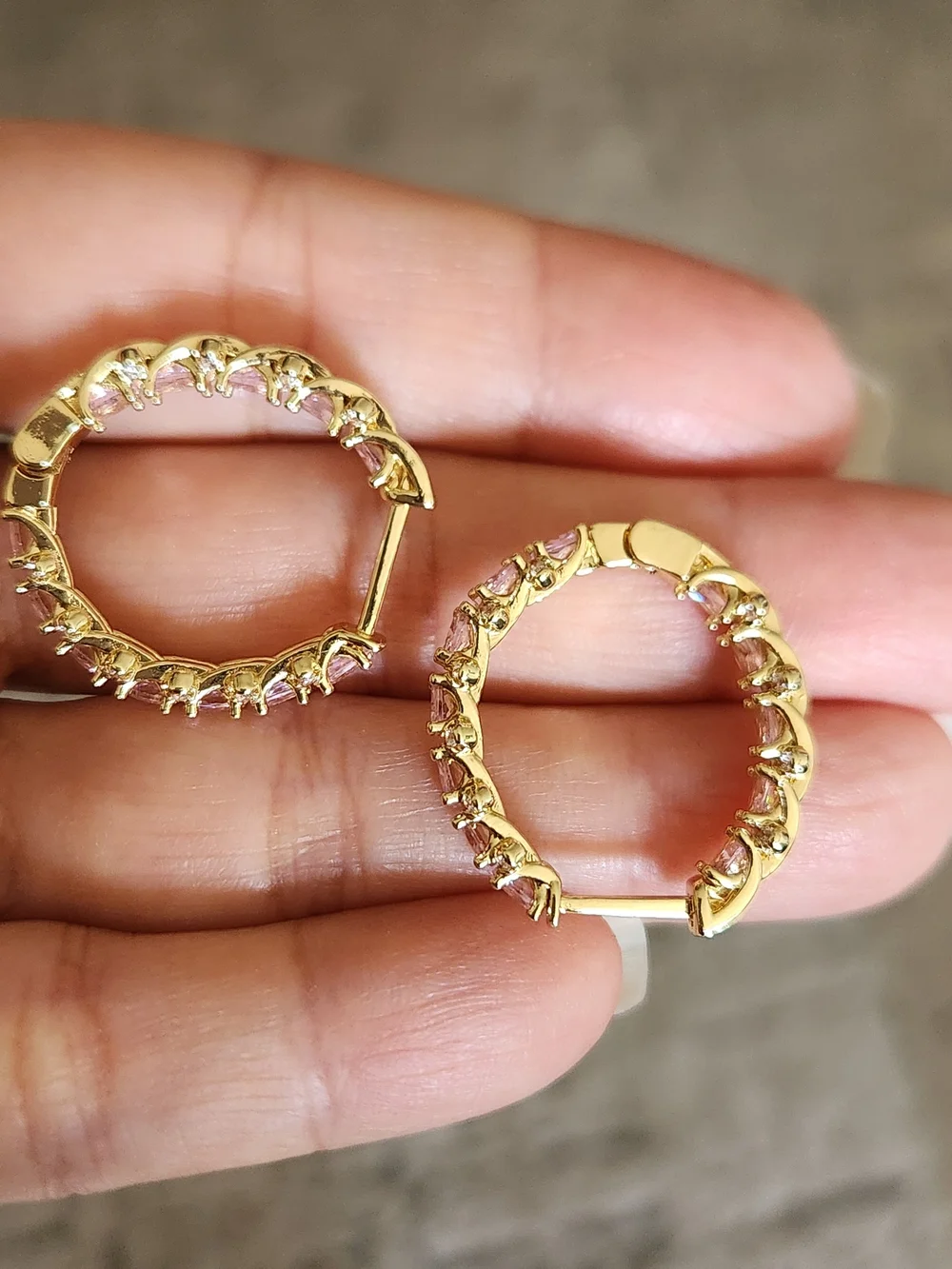 New 18K Gold Plated Double-sided Pink Sapphire Hoop Earrings for Women